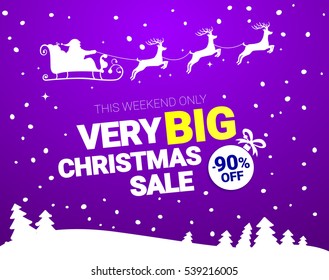 Big Christmas sale. Vector banner with Santa Claus and deers flying up the forest.  Stocking element christmas decorations.  Web banner or poster for e-commerce, on-line shop, fashion & beauty, store