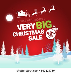 Big Christmas sale. Vector banner with Santa Claus and deers flying up the forest on the red background.  Stocking element christmas decorations.  Web banner or poster for e-commerce, on-line shop