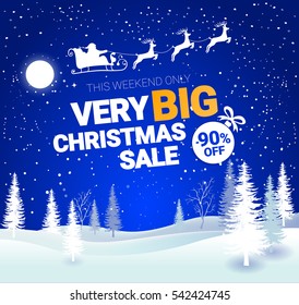 Big Christmas sale. Vector banner with Santa Claus and deers flying up the forest on the blue background.  Stocking element christmas decorations.  Web banner or poster for e-commerce, on-line shop