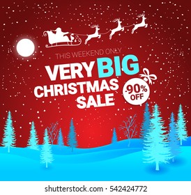 Big Christmas sale. Vector banner with Santa Claus and deers flying up the forest on the red background.  Stocking element christmas decorations.  Web banner or poster for e-commerce, on-line shop
