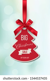 Big christmas sale vector tag template. Xmas discount advertising campaign. New year tree toy with ribbon realistic illustration. Special offer concept. Shopping low prices label design element