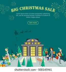 Big Christmas sale vector web banner. Flat design. People leaving store with gifts on Christmas Eve, elves packing presents in boxes. Shopping on winter holidays. For seasonal sales and discounts ad 