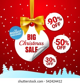 Big Christmas sale. White christmas balls with a paper round corner, gold bow and tree. Winter offer tag. New year holiday  Web-banner or poster for e-commerce, on-line cosmetics shop, store. Vector