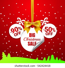 Big Christmas sale. White christmas balls with a paper round corner, gold bow and tree. Winter offer tag. New year holiday  Web-banner or poster for e-commerce, on-line cosmetics shop, store. Vector