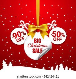 Big Christmas sale. White christmas balls with a paper round corner, gold bow and tree. Winter offer tag. New year holiday  Web-banner or poster for e-commerce, on-line cosmetics shop, store. Vector