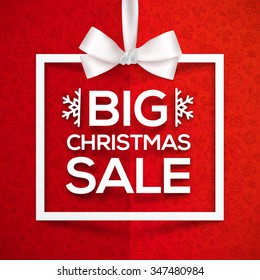 Big Christmas sale white vector gift box frame label on red New Year pattern background