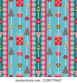 Big Christmas seamless pattern of elements for design patterns with Christmas tree,gifts,garlands star,cute elements in Memphis boho style vector hand drawing.Design for card ,poster,printing.