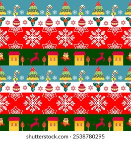 Big Christmas seamless pattern of elements for design patterns with Christmas tree,gifts,garlands star,cute elements in Memphis boho style vector hand drawing.Design for card ,poster,printing.
