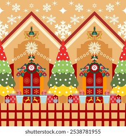 Big Christmas seamless pattern of elements for design patterns with Christmas tree,gifts,garlands star,cute elements in Memphis boho style vector hand drawing.Design for card ,poster,printing.