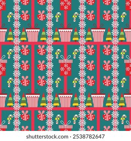 Big Christmas seamless pattern of elements for design patterns with Christmas tree,gifts,garlands star,snow flakes,elements in Memphis boho style vector hand drawing.Design for card ,poster,printing.
