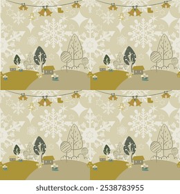 Grande Natal sem emenda padrão de elementos para padrões de design com árvore de Natal, presentes, estrela de guirlandas, flocos de neve, elementos em Memphis boho estilo vetor mão draw.Design para cartão, cartaz, impressão.