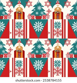 Big Christmas seamless pattern of elements for design patterns with Christmas tree,gifts,garlands star,snow flakes,elements in Memphis boho style vector hand drawing.Design for card ,poster,printing.