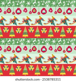 Big Christmas seamless pattern of elements for design patterns with Christmas tree,gifts,garlands star,snow flakes,elements in Memphis boho style vector hand drawing.Design for card ,poster,printing.