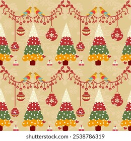 Big Christmas seamless pattern of elements for design patterns with Christmas tree,gifts,garlands star,snow flakes,elements in Memphis boho style vector hand drawing.Design for card ,poster,printing.