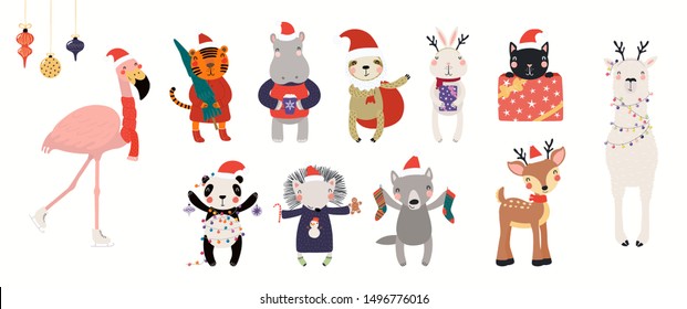 Big Christmas set with cute animals in Santa Claus hats, tree, gifts, ornaments, text. Isolated on white. Hand drawn vector illustration. Scandinavian style flat design. Concept for children print.