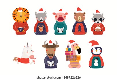 Big Christmas set with cute animals in Santa Claus hats, ugly sweaters. Isolated objects on white background. Hand drawn vector illustration. Scandinavian style flat design. Concept for children print