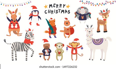 Big Christmas set with cute animals in Santa Claus hats, tree, gifts, ornaments, text. Isolated on white. Hand drawn vector illustration. Scandinavian style flat design. Concept for children print.