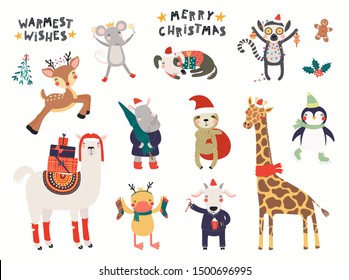 Gran Navidad ambientada con lindos animales en sombreros, árboles, regalos, adornos, texto.  Aislado en blanco. Ilustración vectorial dibujada a mano. Diseño plano de estilo escandinavo. Concepto de impresión infantil.