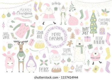 Big Christmas set with cute characters polar bear, penguin, reindeer, pig, Santa, tree, food, quotes. Isolated objects on white. Hand drawn vector illustration. Flat style design. Concept card, invite