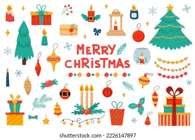 Big Christmas set for decoration. Vector illustration in cartoon style