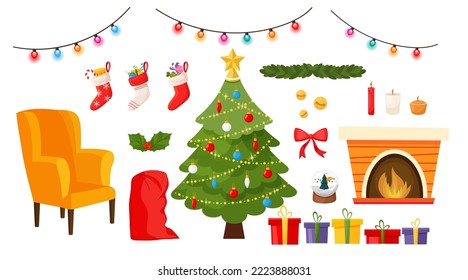 Gran juego de elementos decorativos de Navidad para postales, banners, sitios web, invitaciones. Árbol de Año Nuevo, chimenea, sillón, medias, garland, regalo. Ilustración plana del vector