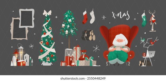 The Big Christmas Set with Decorative Objects and Toys. Santa Claus is Sitting on The Chair and Reading Some Wishes