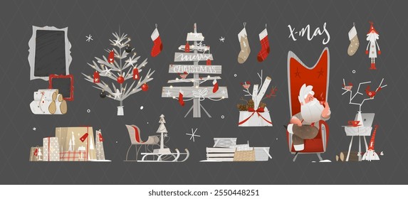 The Big Christmas Set with Decorative Objects and Toys. Santa Claus is Sitting on The Chair and Drinking Tee