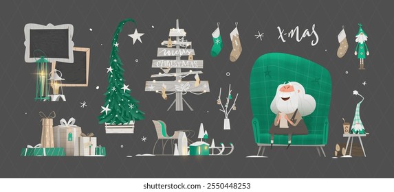 The Big Christmas Set with Decorative Objects and Toys. Santa Claus is Sitting on The Chair and Reading Some Wishes