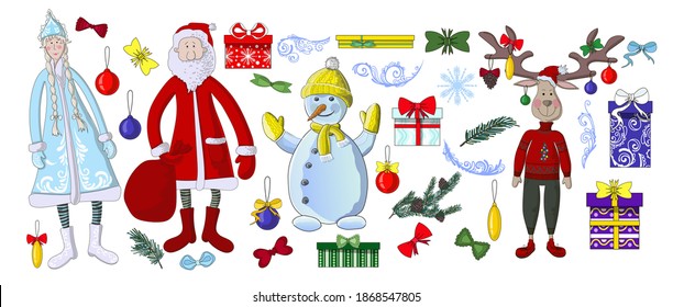 Big Christmas set. It depicts Santa Claus, Snow Maiden, deer, snowman, snowflake, monograms, gifts, spruce branches, bows and Christmas decorations. Stock vector illustration in cartoon style