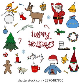 The Big Christmas Set. Doodle style. Santa Claus, Christmas tree, ugly sweater and other symbolic elements. Happy Holidays!