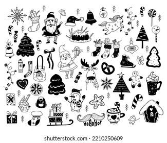 Big Christmas set doodles. Santa Claus, snowman, christmas cake and tree, sleigh with gifts and gingerbread, sock and unicorn, new year decor, skates, elk and garland. Isolated vector hand drawings.