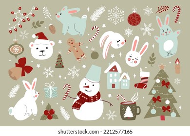 Big Christmas set of drawings with cute rabbits, snowmen, gingerbread men, Christmas trees, toys, gifts, bear and snowflakes. Modern simple flat vector illustration.