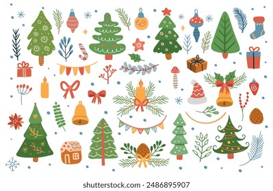 Big christmas set of elements for design. Set with Christmas tree, gifts, garlands stars, twigs and leaves. Cute elements in Memphis boho style. Vector Hand drawing in Scandinavian style.