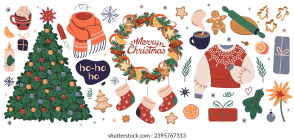 Big Christmas set of festive cozy elements. Xmas gift, candle, gingerbread, spruce and Wreath on door. Colored flat vector illustrations isolated on white background. Lettering. Scrapbook collection