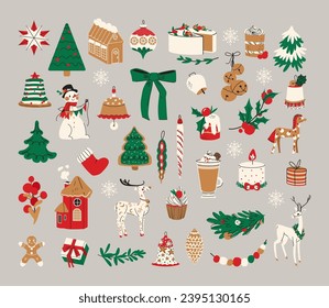 Big Christmas set of festive symbols and design elements. Cute flat illustration in flat style isolated on gray background