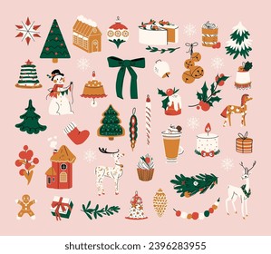 Big Christmas set of festive symbols and design elements. Cute flat illustration in flat style isolated on pink background