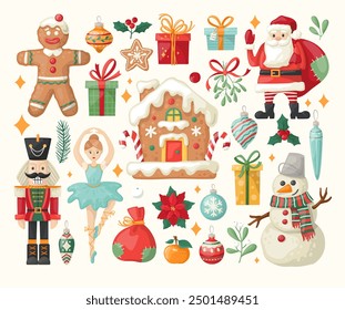 Big Christmas set of festive symbols and design elements. Christmas vector characters. Hand-drawn style sticker pack. Vector elements for banner, card, postcard, cover.