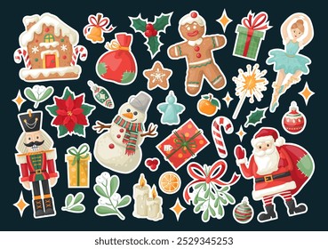 Big Christmas set of festive symbols and design elements. Christmas vector characters. Hand-drawn style sticker pack on a dark blue background with a white frame.