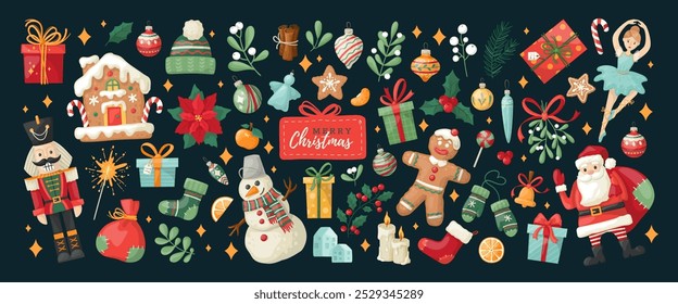 Big Christmas set of festive symbols and design elements on dark blue background. Christmas vector characters. Hand-drawn style sticker pack. Vector elements for banner, card, postcard, cover.