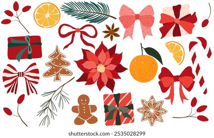 Big Christmas set of festive symbols and design elements. Stickers set. Hand drawn style.