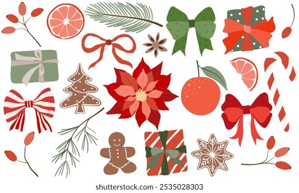Big Christmas set of festive symbols and design elements. Stickers set. Hand drawn style.