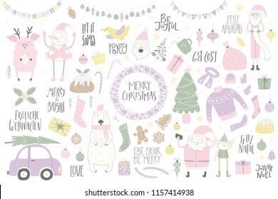 Big Christmas set with funny characters polar bear, pig, Santa, elf, snowman, tree, food, quotes. Isolated objects on white. Hand drawn vector illustration. Flat style design. Concept for card, invite