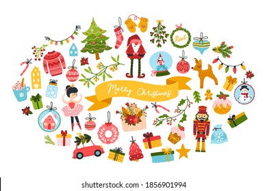 Big Christmas set greeting card with cute characters and festive elements in the shape of an oval, in a childish hand-drawn Scandinavian style with lettering