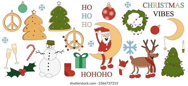 Big Christmas set with Groovy xmas Character in trendy Y2K style. Collection of Holiday icon, sticker, symbol and elements isolated on white background. Vector illustration. Emoticon Santa, reindeer.
