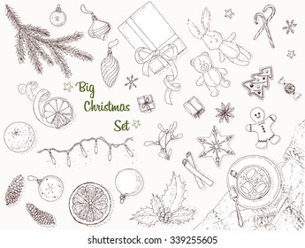 Big Christmas set. Holiday top view illustration. Hand drawn vector objects.