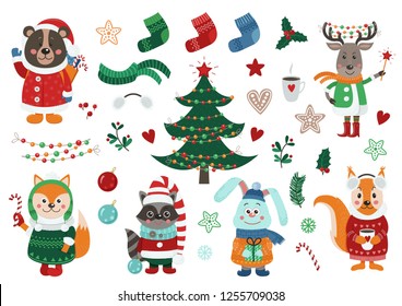 Big Christmas set with isolated cute forest animals dressed in winter clothes and christmas items. Vector illustration for your design