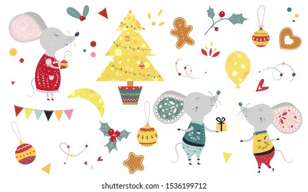 Big christmas set with mouses or rats. Symbol of 2020 new year. Cute mouse with cheese balloon, gift, tree. Vector cartoon illustration. 