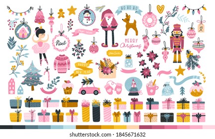 Big Christmas set for a princess. Cute characters, Santa, toys, Christmas tree, sweets and gifts. Cute palette of sweets. Vector illustration in childish hand-drawn Scandinavian style. Pastel palette.