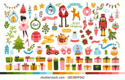 Big Christmas set for a princess. Cute characters, Santa, toys, Christmas tree, sweets and gifts. Cute palette of sweets. Vector illustration in childish hand-drawn Scandinavian style.