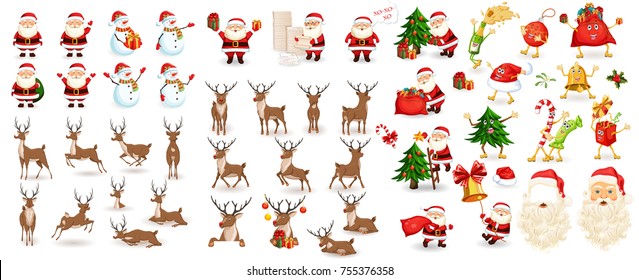 Big Christmas set. Santa Claus, reindeer, snowman, tree, bag with gifts, hat, sweets beard. Xmas decoration and elements. Photo props. Characters run, jump, sleep, have fun and get ready for holiday